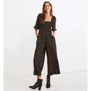 Madewell 'Lucie' Elbow-Sleeve Smocked Wide-Leg Jumpsuit in TRUE BLACK (12)